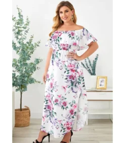 Valkoinen kukkakuvioinen off-shoulder maksimekko (plus size)