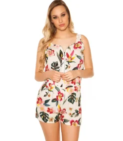 Valkoinen kukkakuvioinen vetoketjukoristeinen playsuit