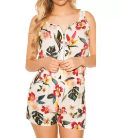 Valkoinen kukkakuvioinen vetoketjukoristeinen playsuit