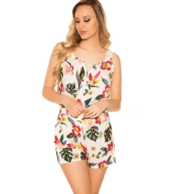 Valkoinen kukkakuvioinen vetoketjukoristeinen playsuit
