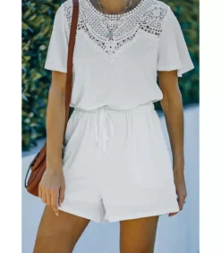 Valkoinen lyhythihainen koristekirjailtu playsuit