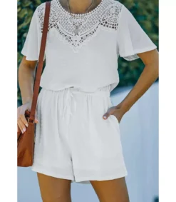 Valkoinen lyhythihainen koristekirjailtu playsuit