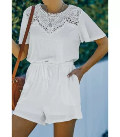 Valkoinen lyhythihainen koristekirjailtu playsuit