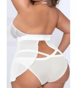Valkoinen pitsikoristeinen mesh-babydoll kurkistusaukolla (plus size)