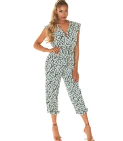 Vihreä auringonkukkakuvioinen jumpsuit vyöllä