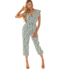 Vihreä auringonkukkakuvioinen jumpsuit vyöllä