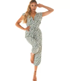Vihreä auringonkukkakuvioinen jumpsuit vyöllä