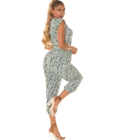 Vihreä auringonkukkakuvioinen jumpsuit vyöllä