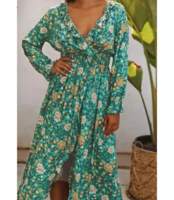 Vihreä pitkähihainen printtikuvioinen wrap-look v-maksimekko