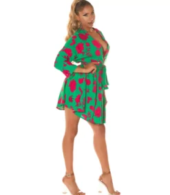 Vihreäpunainen kukkakuvioinen wrap-look v-mekko