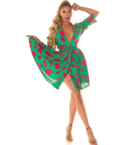 Vihreäpunainen kukkakuvioinen wrap-look v-mekko
