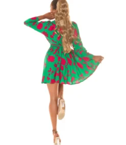Vihreäpunainen kukkakuvioinen wrap-look v-mekko