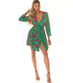 Vihreäpunainen kukkakuvioinen wrap-look v-mekko