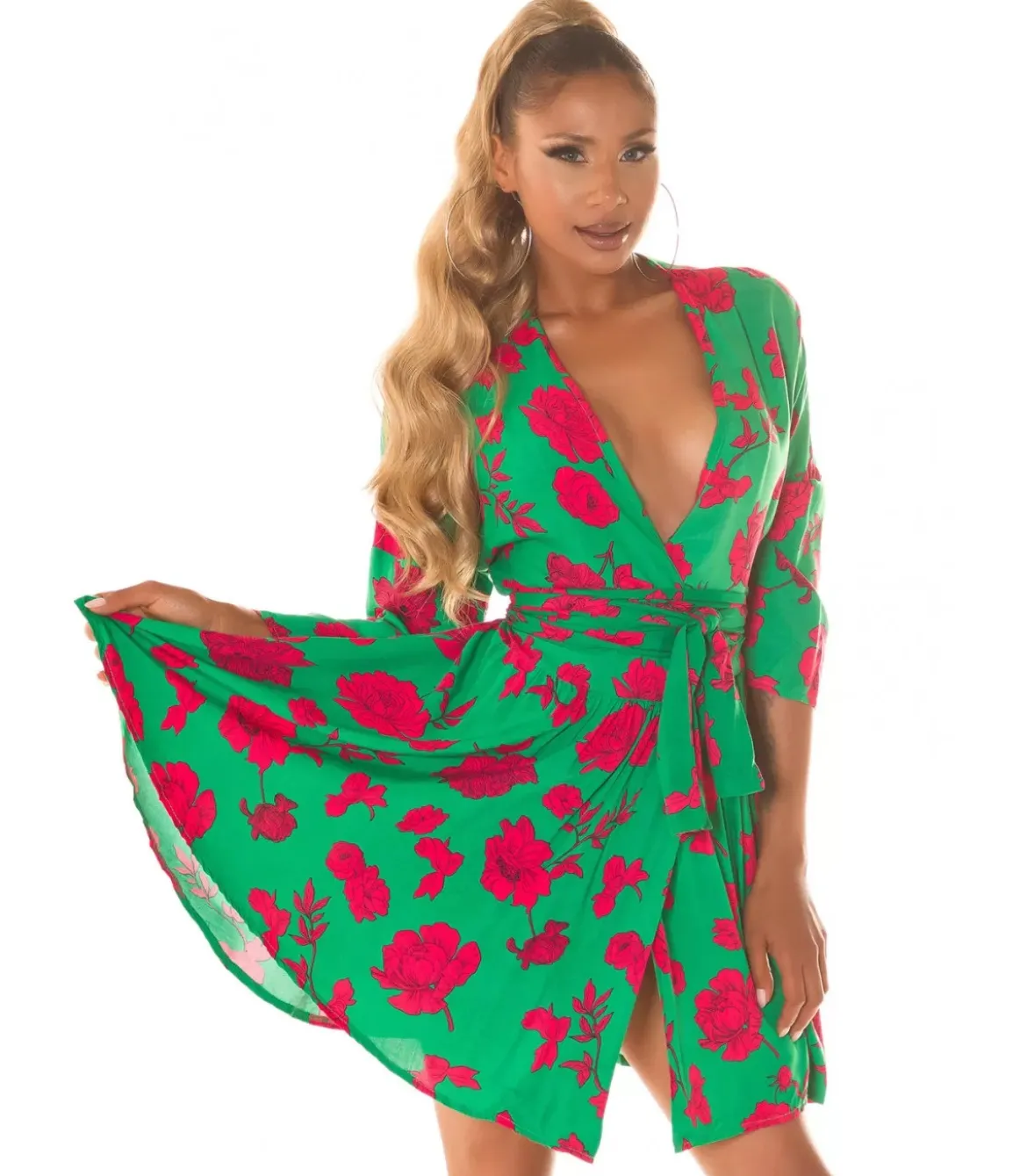 Vihreäpunainen kukkakuvioinen wrap-look v-mekko