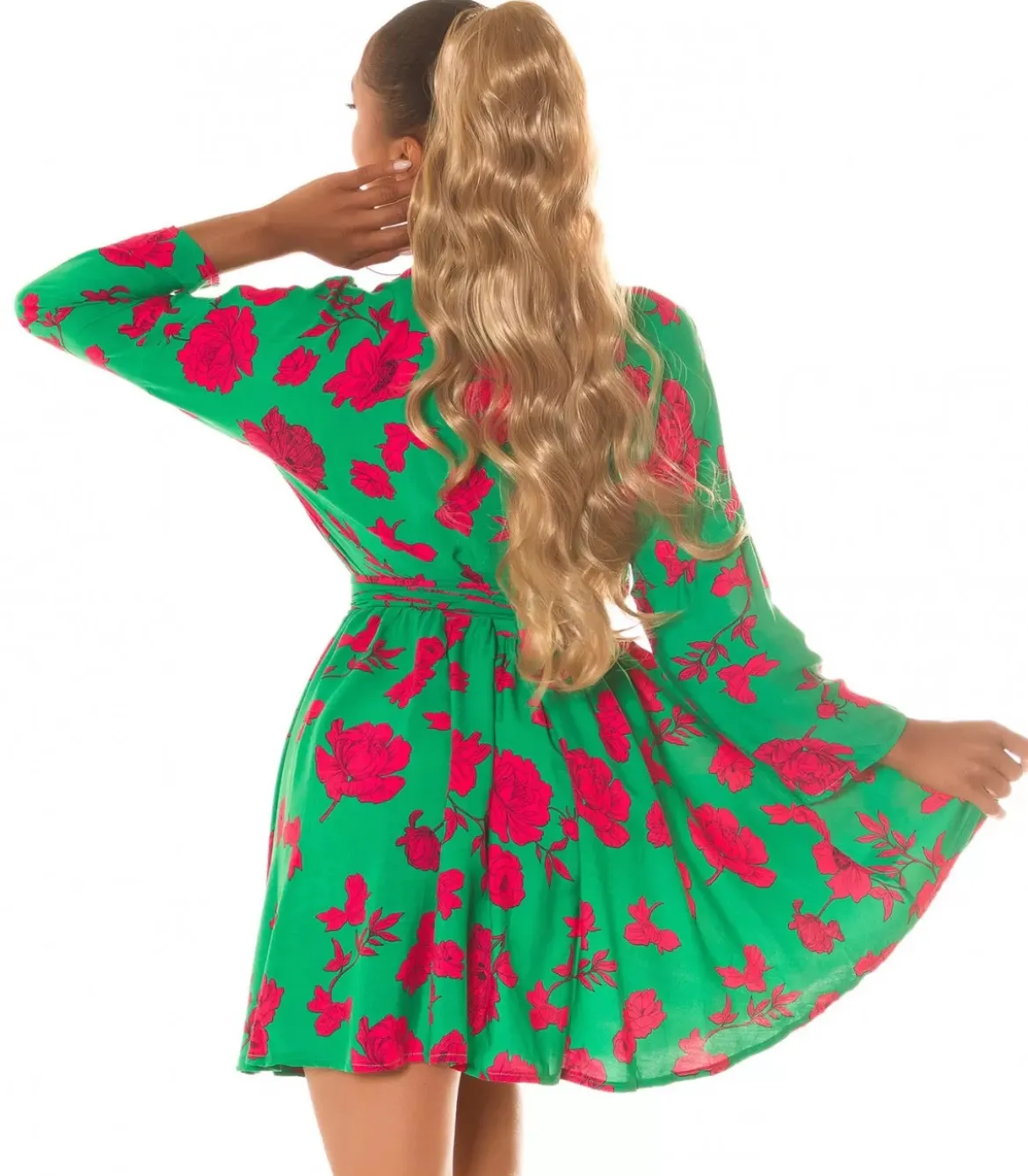 Vihreäpunainen kukkakuvioinen wrap-look v-mekko