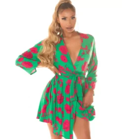 Vihreäpunainen kukkakuvioinen wrap-look v-mekko