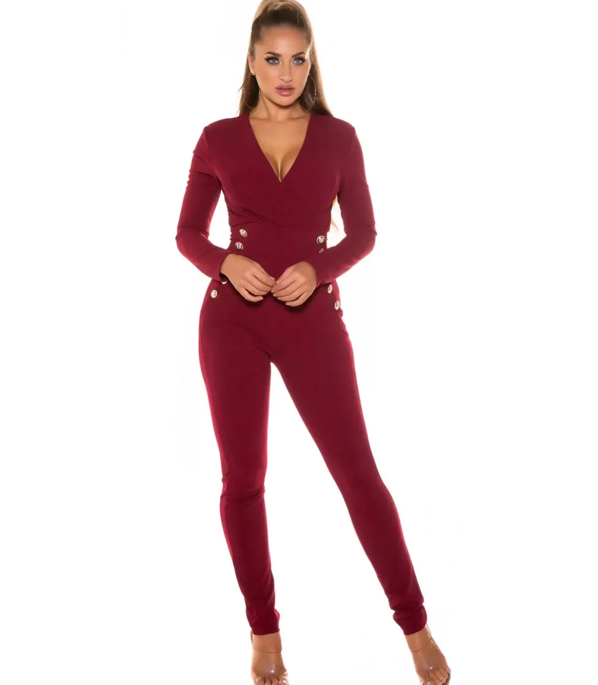 Viininpunainen pitkähihainen v-jumpsuit napeilla