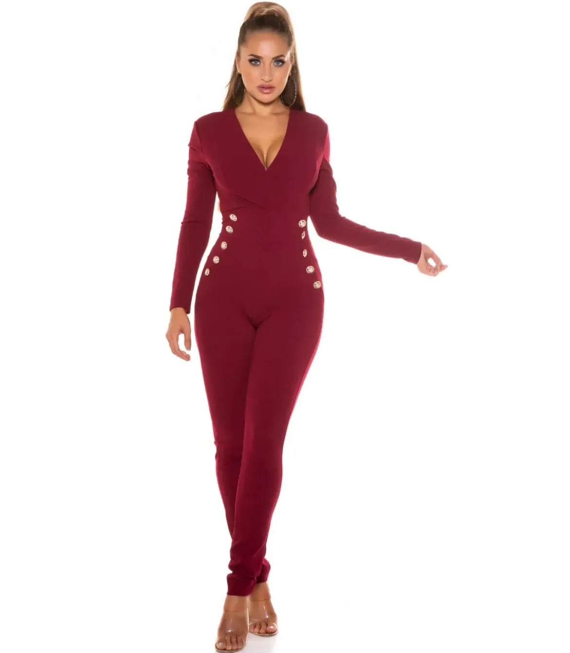 Viininpunainen pitkähihainen v-jumpsuit napeilla