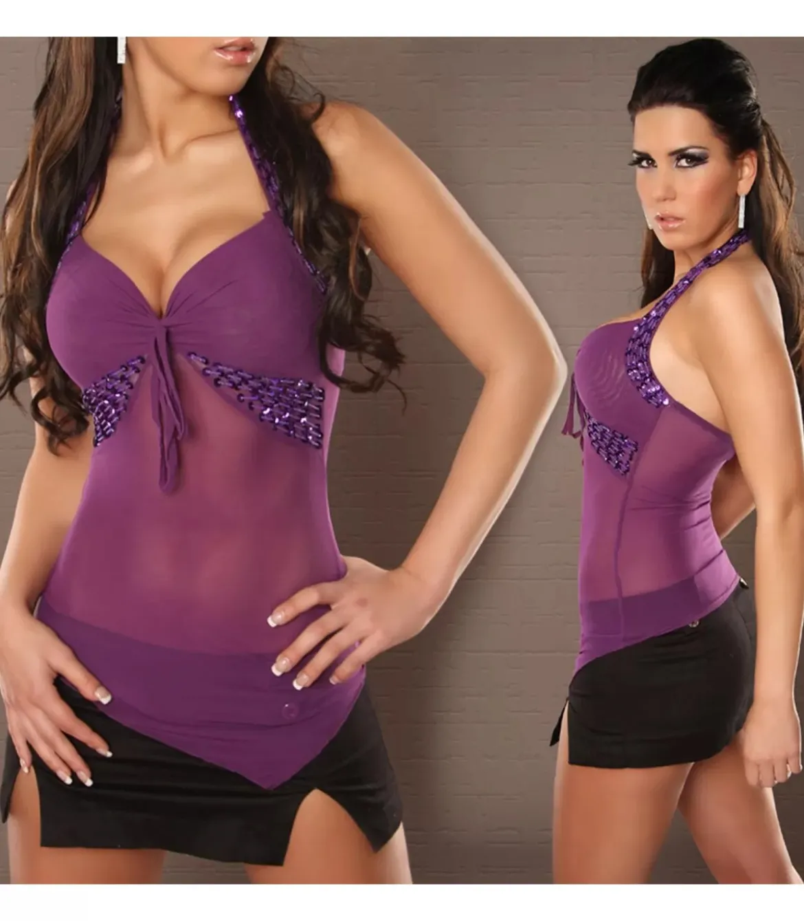 Violetti paljettikoristeinen halterneck mesh toppi