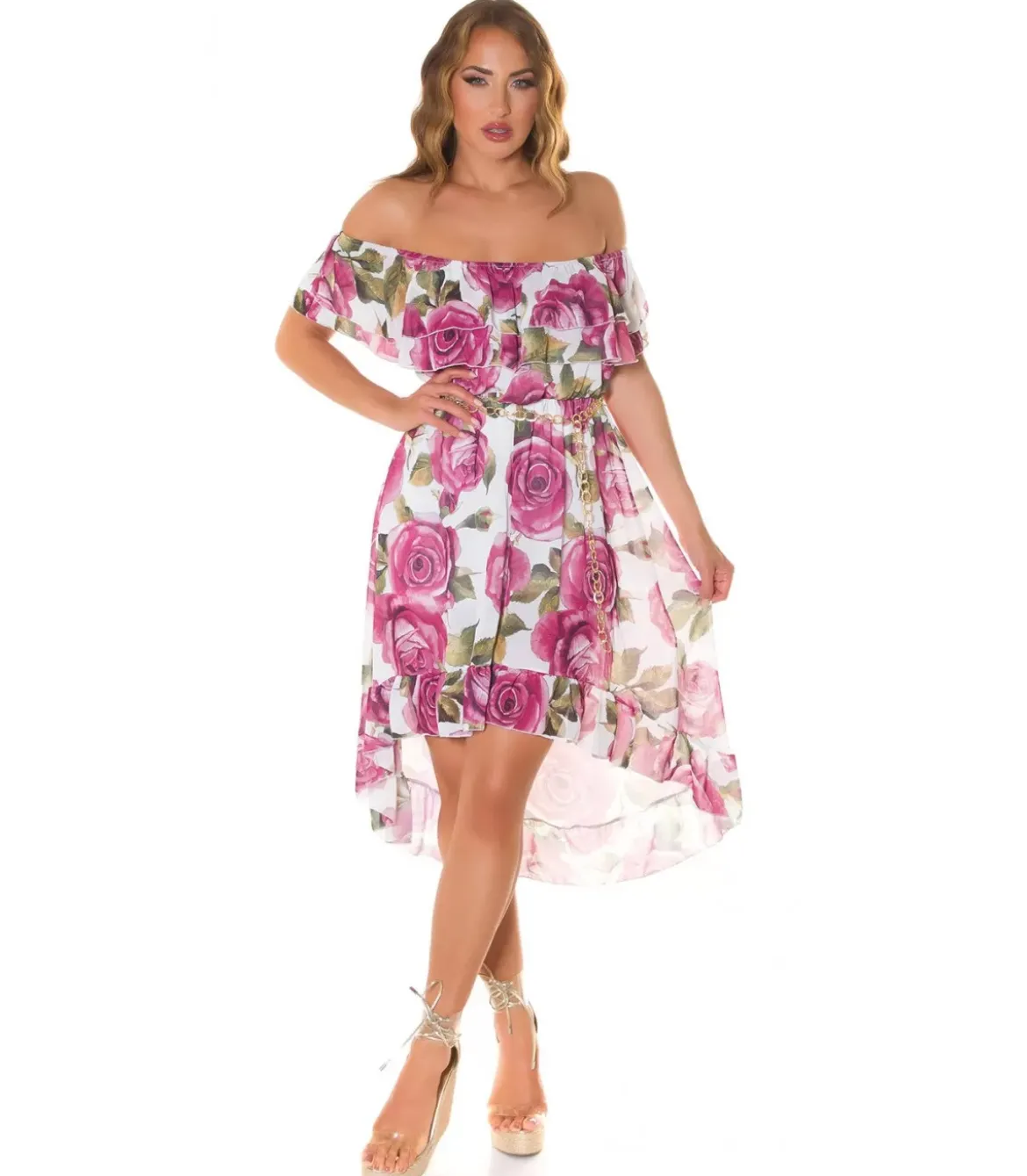 Violetti ruusukuvioinen off-shoulder high low -mekko ketjuvyöllä