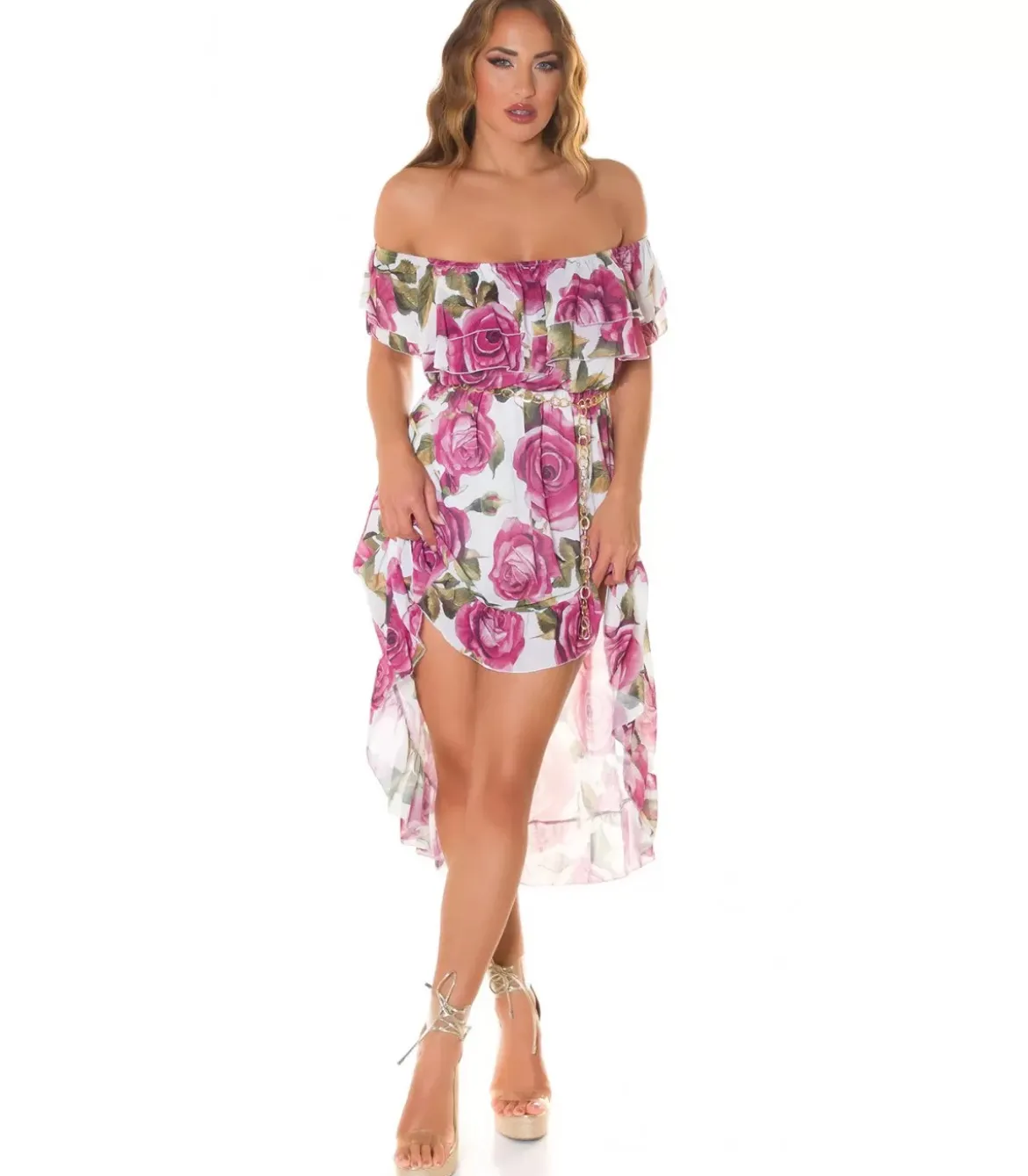 Violetti ruusukuvioinen off-shoulder high low -mekko ketjuvyöllä
