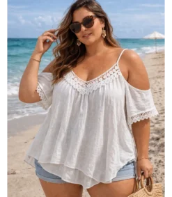 World Fashion koristekirjailtu valkoinen lyhythihainen paita (plus size)