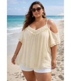 World Fashion koristekirjailtu beige lyhythihainen paita (plus size)