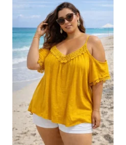 World Fashion koristekirjailtu sinapinkeltainen lyhythihainen paita (plus size)