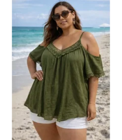 World Fashion koristekirjailtu khaki lyhythihainen paita (plus size)