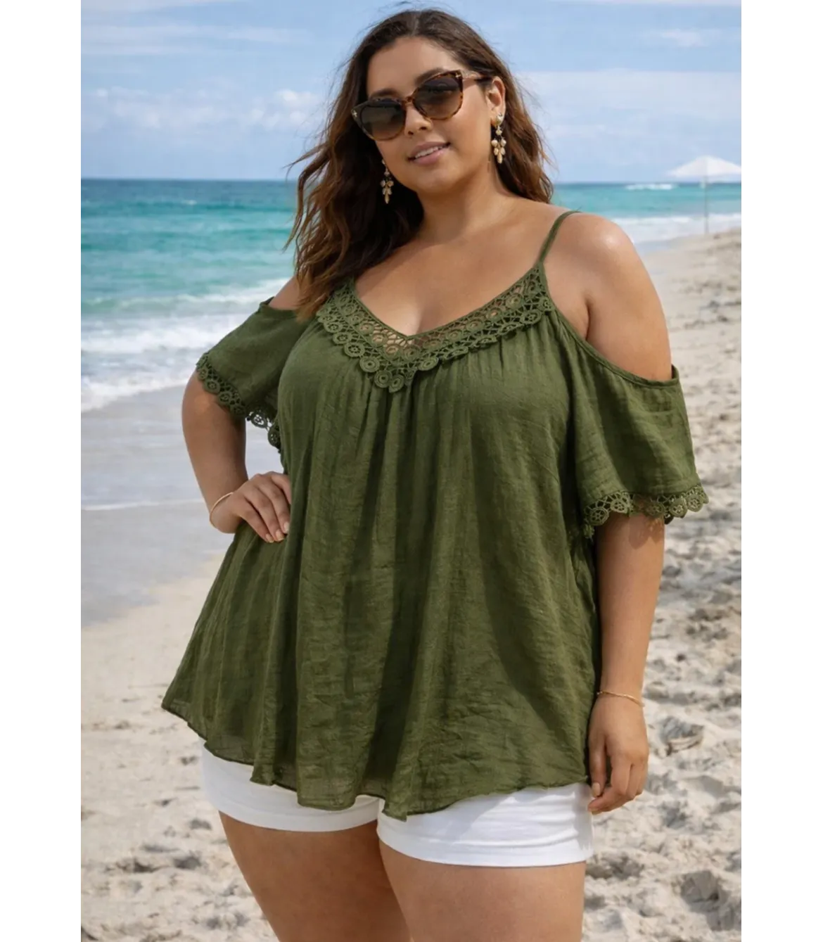 World Fashion koristekirjailtu khaki lyhythihainen paita (plus size)