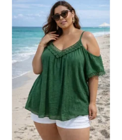 World Fashion koristekirjailtu vihreä lyhythihainen paita (plus size)