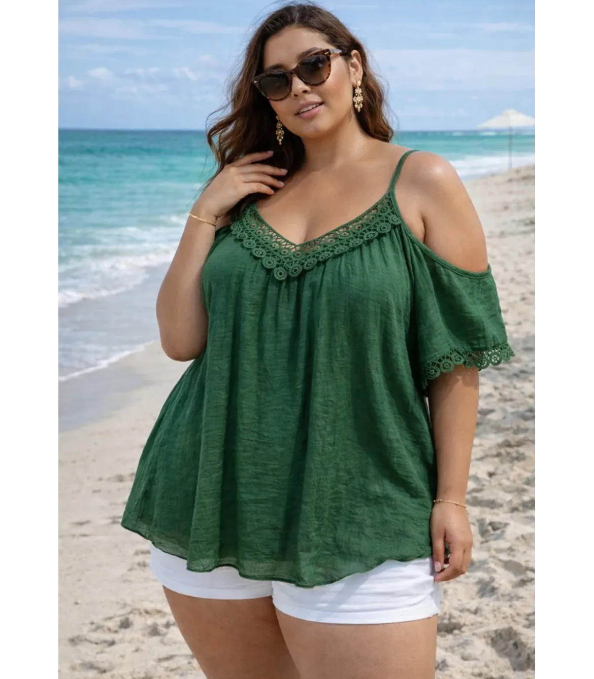 World Fashion koristekirjailtu vihreä lyhythihainen paita (plus size)