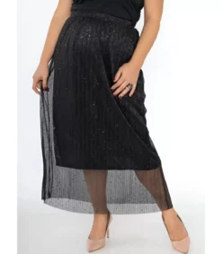 2W Paris musta paljettikoristeinen mesh-maksihame (plus size)