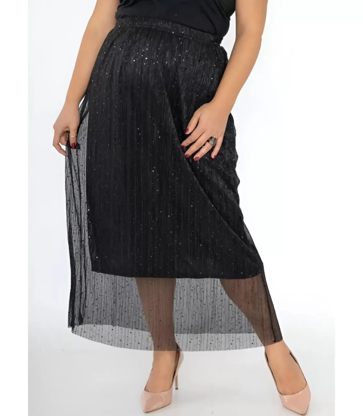 2W Paris musta paljettikoristeinen mesh-maksihame (plus size)