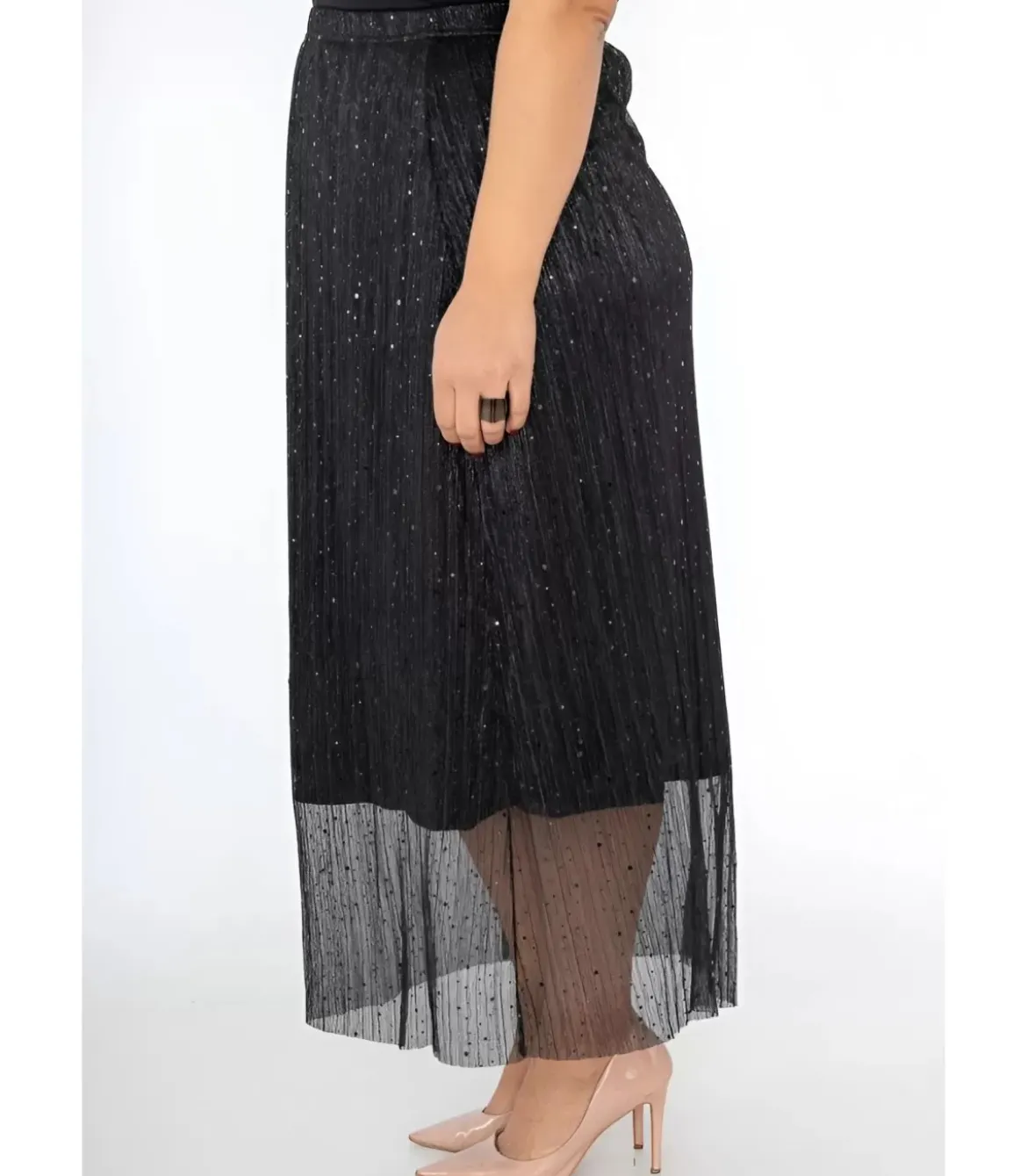 2W Paris musta paljettikoristeinen mesh-maksihame (plus size)