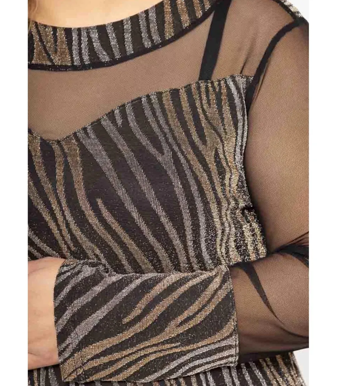 2W Paris pitkähihainen kultainen glitterpaita mesh-hihoilla (plus size)