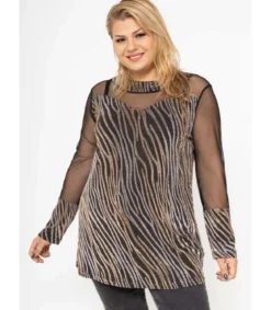 2W Paris pitkähihainen kultainen glitterpaita mesh-hihoilla (plus size)