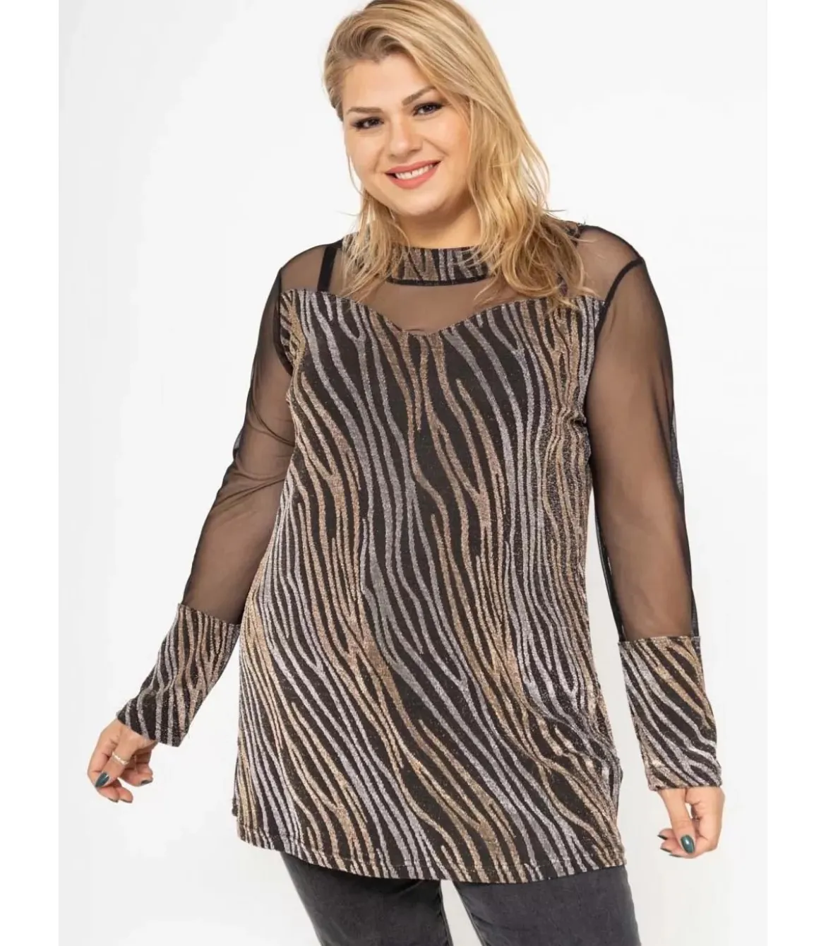 2W Paris pitkähihainen kultainen glitterpaita mesh-hihoilla (plus size)